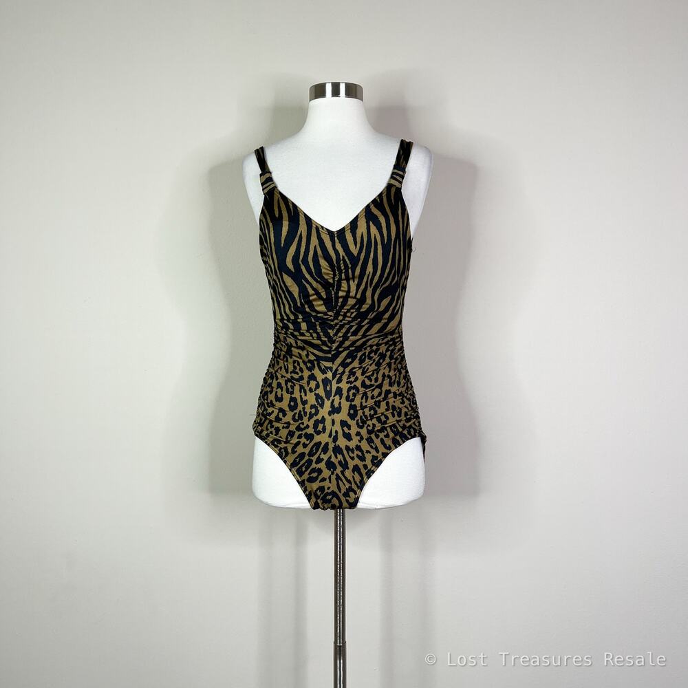Dior | Vintage Animal Print Brown Black Open Back Ruched One Piece Swimsuit 8 - Picture 2 of 9